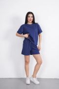 Osy Modal Yumuşak Dokulu Kumaş Bisiklet Yaka T-shirt Kısa Şort İkili Takım - Mavi resmi